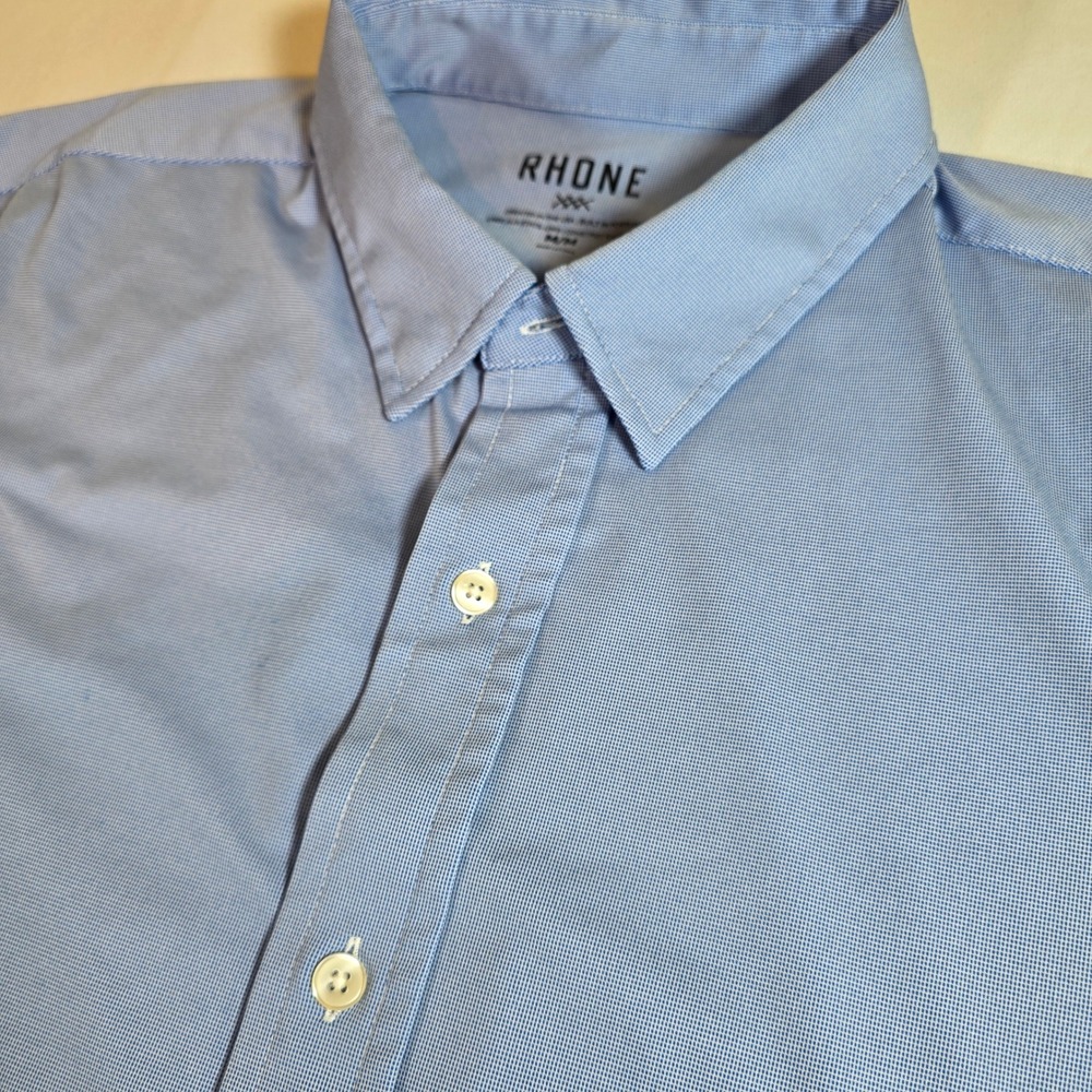 RHONE Commuter Shirt Mens M Blue Microcheck Long Sleeve Button Down Stretch